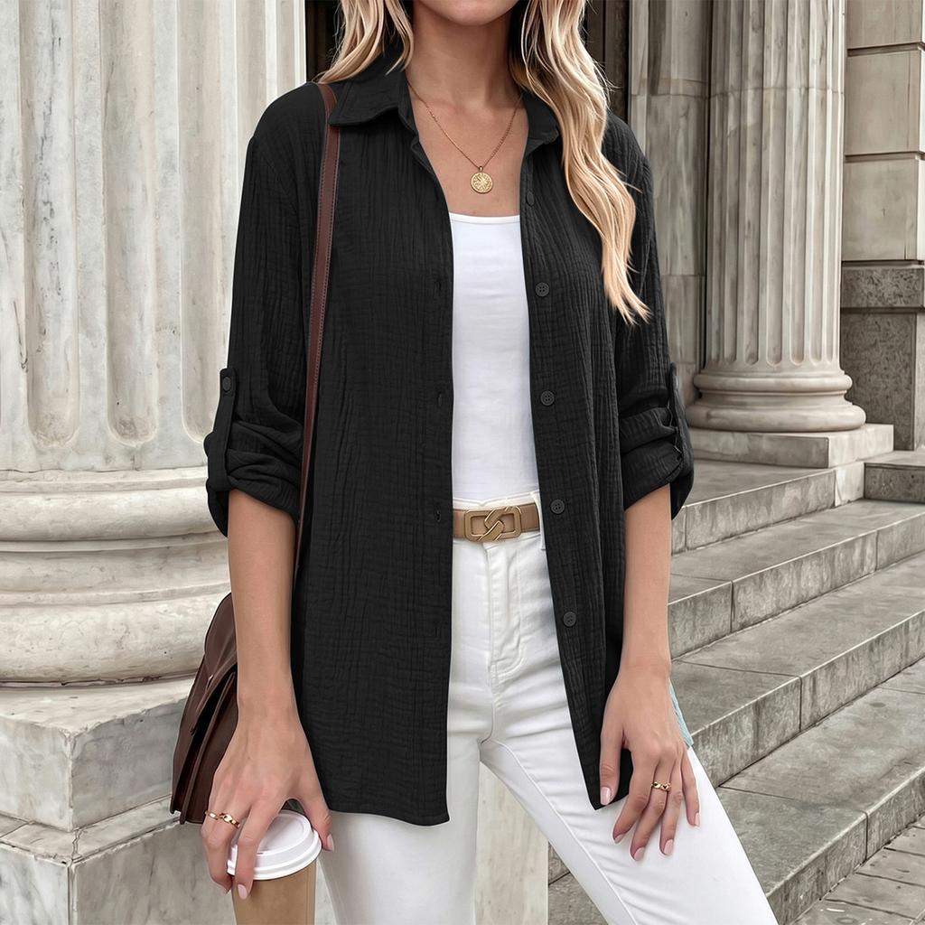 Women's Color Long Sleeve Button Down Shirt Loose Fit Casual Blouse for Fall