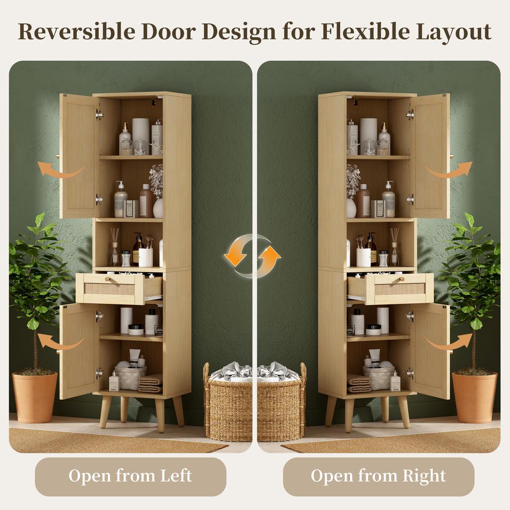 Tall Freestanding Bathroom Cabinet, Rattan Doors, Reversible Left-Right, Drawer, Magnetic Closure, Soft-Close Hinges, 40×30×166 cm, Natural Wood Color