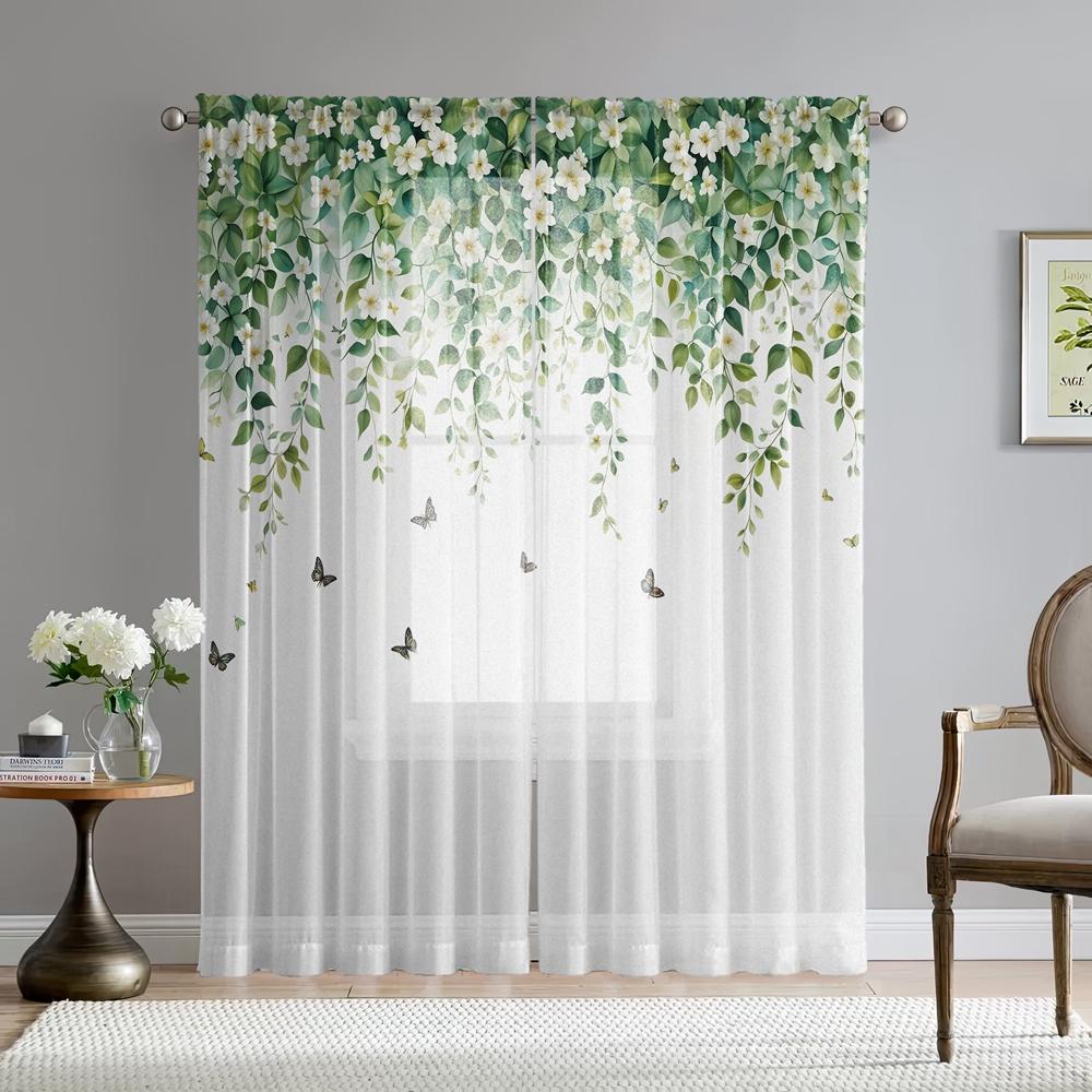 2 Pieces HD Digital White Vines Flowers Play Butterfly Printed Window Screen Home Decor Style Decoration Living Room Bedroom Rod