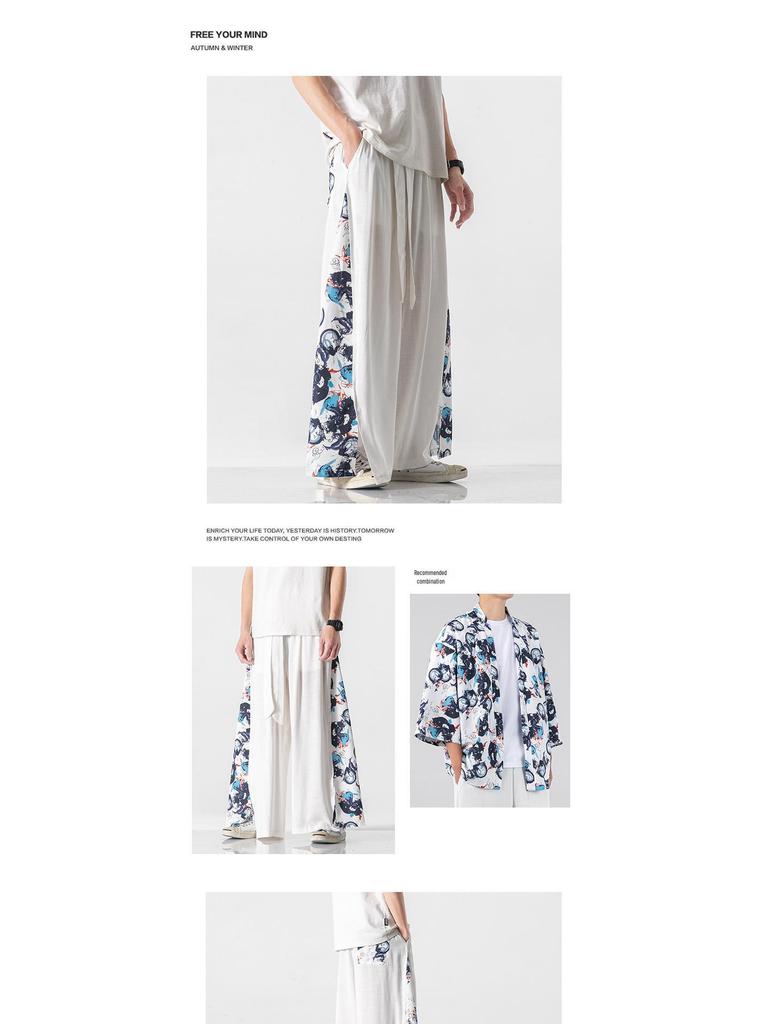 2021 Summer Retro Plus Size Men's Zen Cotton Linen Pants - Multi-Color Fashion Print