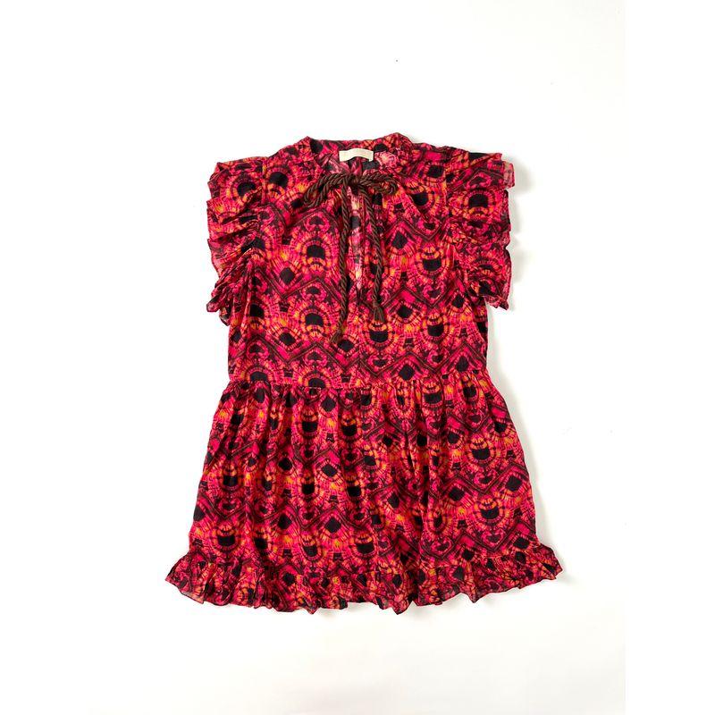 

American High-Quality UJ Xs-m Size Bohemian Print Poplin Cotton Tassel Lace-up Loose Dress Short dress Summer Red Print P