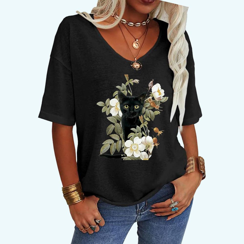 Women Fashion Cat Print Tee Shirt Casual V Neck Top Loose Short Sleeve T-shirt