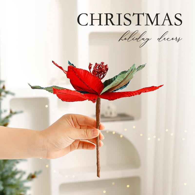 Christmas Flower Decor With Artificial Velvet Flowers For Holiday Tree Ornament Gift