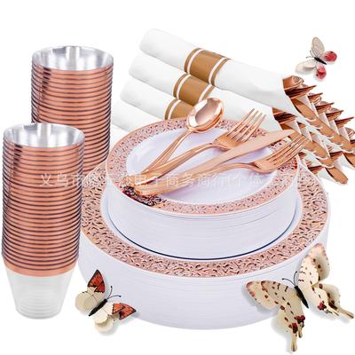 Conjunto de Talheres Descartáveis Ouro Rosa Ps Plástico Rígido Prato Oco Faca, Garfo e Colher Banhados a Ouro Prato para Festa