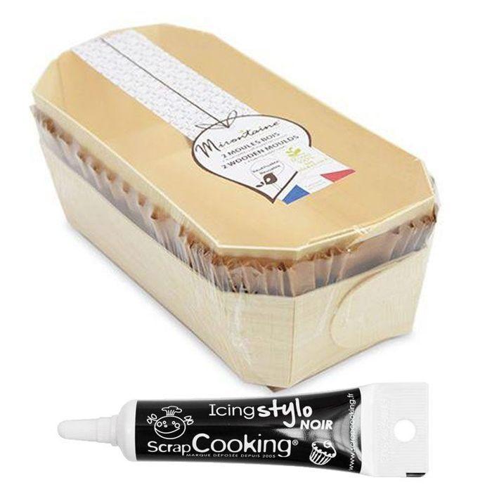2 moules à cake bois 24 cm + 4 caissettes de cuisson + Stylo glaçage noir