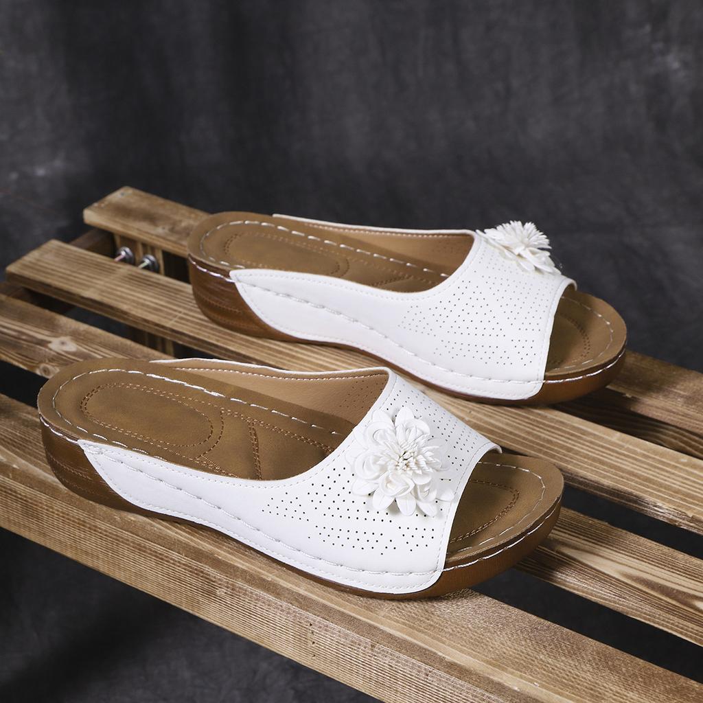 South East Asia Large Size Thick Bottom Hollow One-Word Slippers Open-toed Flower Slope Heel Beach Cool Slippers