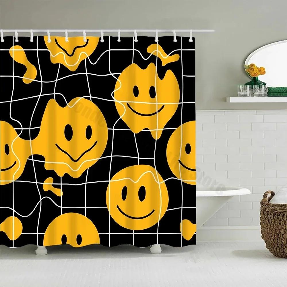 Cute Little Yellow Duck Shower Curtain Cartoon Funny Smiley Face Bathroom Waterproof Bath Duck Fabric 12 Hooks Bathroom Decor