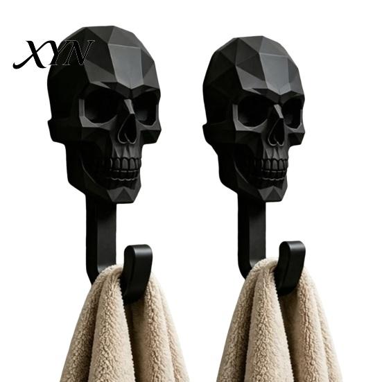 Industrial Style Hook 2Pcs Up, 3D Printed Skull Design Hooks, No Drilling Wall Heavy Duty Mount Hanger, Waterproof Bathroom Storage Hanger for Towels