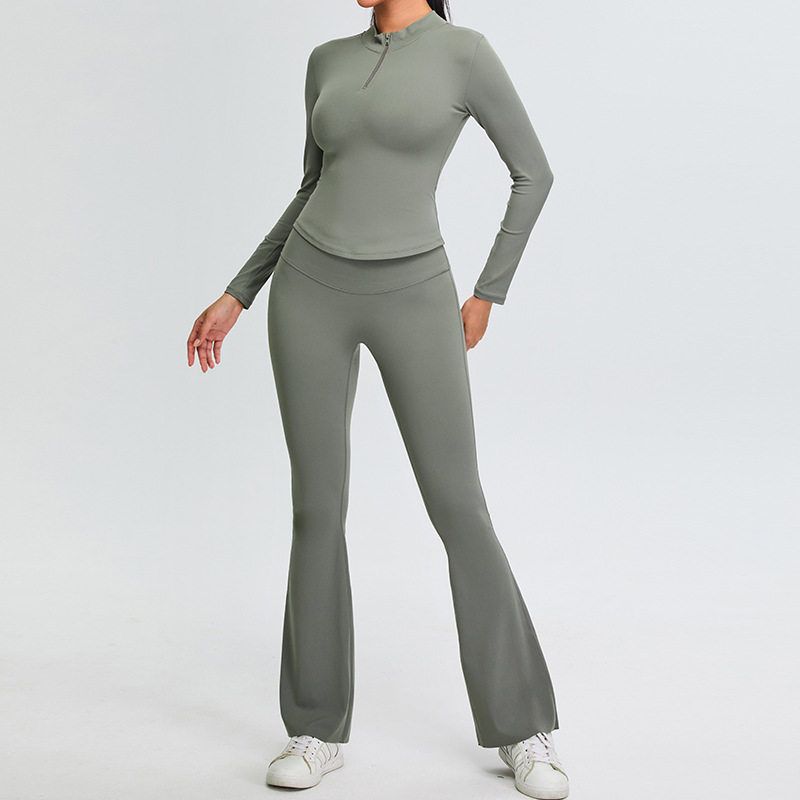 

Fashion Skinny Slimming Yoga Clothes Suit Women s Half Zipper Sports Tops T-shirt Slightly Wide Leg Stretch Workout Pants Gray green S