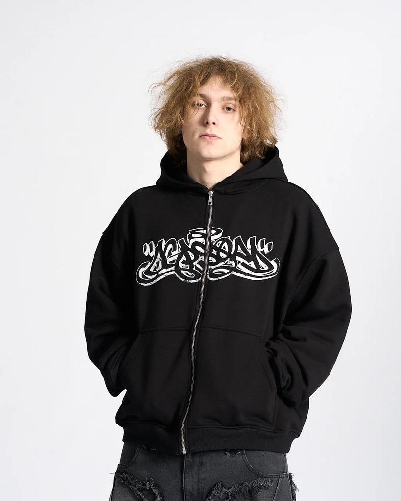 2025 Grenzüberschreitender Kapuzen-Cardigan: Unisex Streetwear Sweatshirt mit dunklem Aufdruck