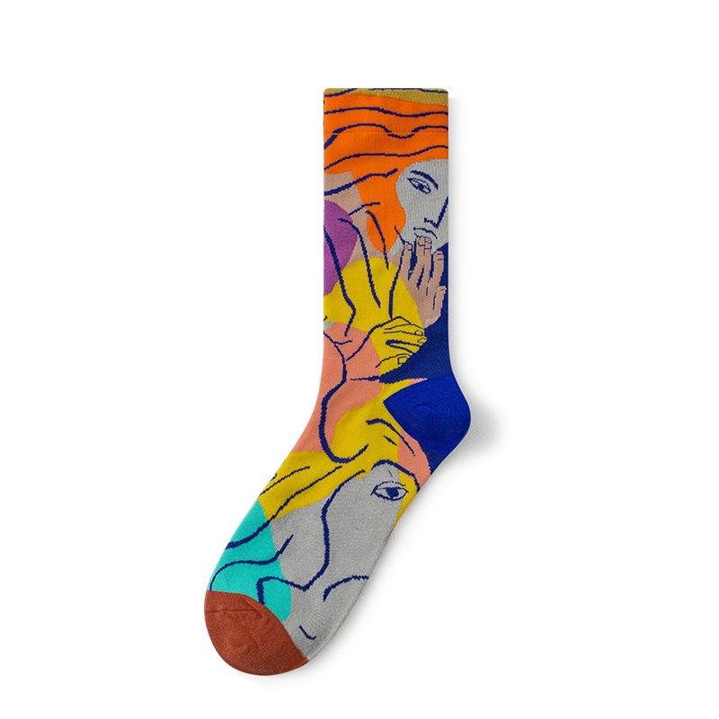 French Retro Abstract Oil Painting Mid-Calf Socks - Trendy Autumn/Winter High-Top Creative Combed Cotton for Women