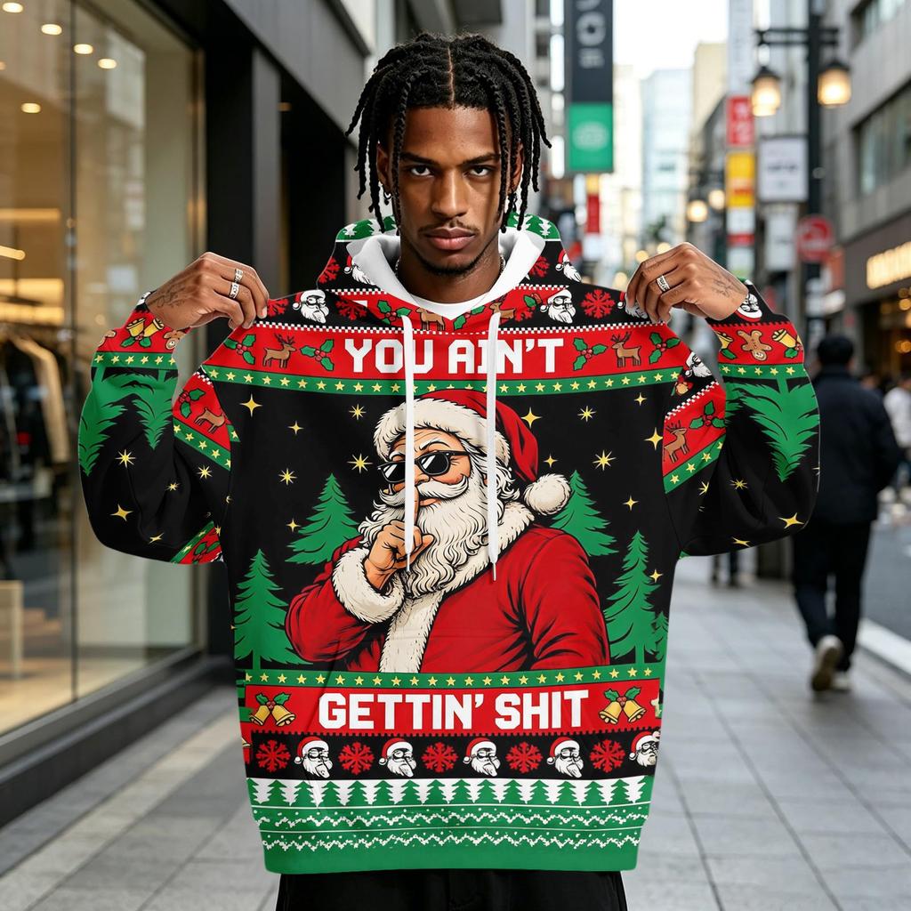 Men's Christmas Print Hoodie with Pocket for Casual Athletic Wear