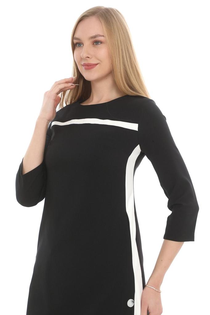 Damen Übergröße Kleid Gestreiftes und Lederdetailliertes Kleid