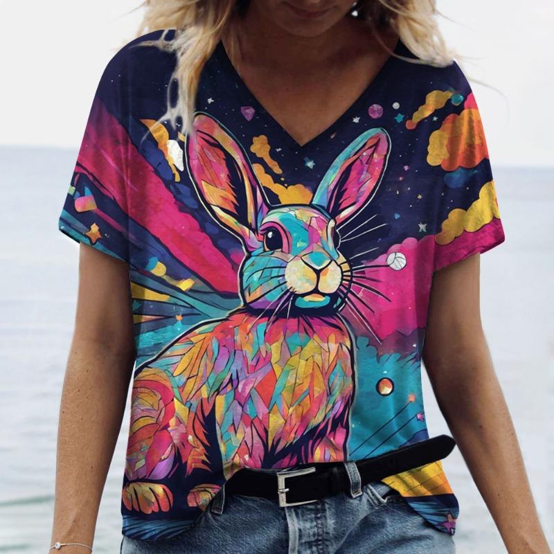 Summer Casual Beautiful Peacock Print Women Elegant Loose Casual V-neck Short Sleeved Shirt T-Shirts Women’s
