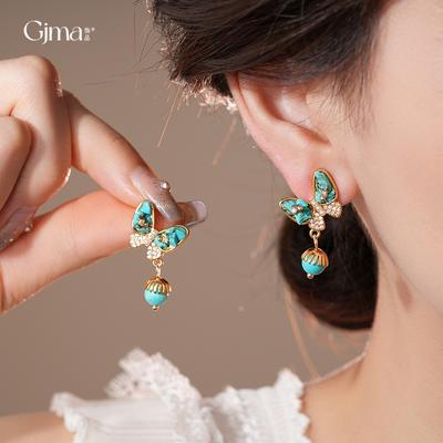 Real Gold Electroplated Zircon Turquoise Butterfly Pendant Earrings Retro Ethnic Style Earrings Niche Personalized Earrings