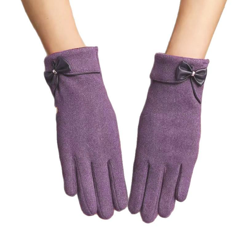 Rabbit Fur Leather Bow Gloves: Touchscreen-Compatible, Fleece-Lined Winter Wear