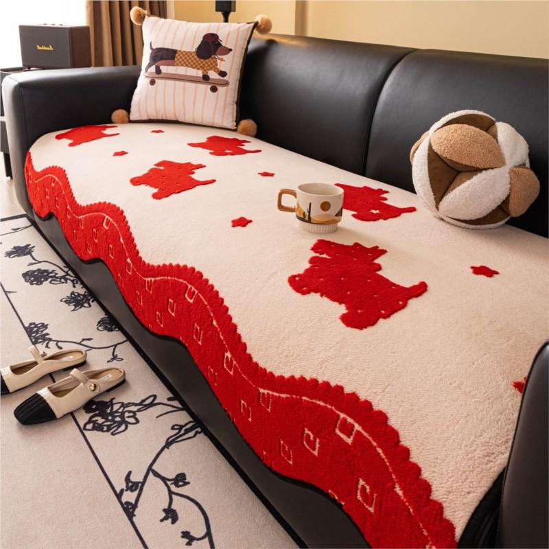 Winter Plush Non-Slip Cute Pattern Sofa Throw Cover Cartoon Dog Sofa Cushion Soft Fuzzy Furniture Protector Couch Pad Mats