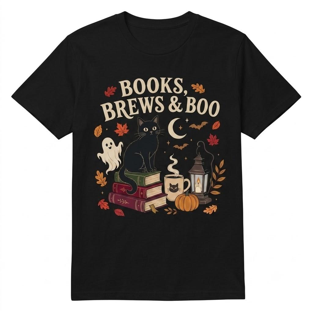 Books Brews And Boo Cat Halloween Cat Hallowen Black T Shirt Gift For Friends