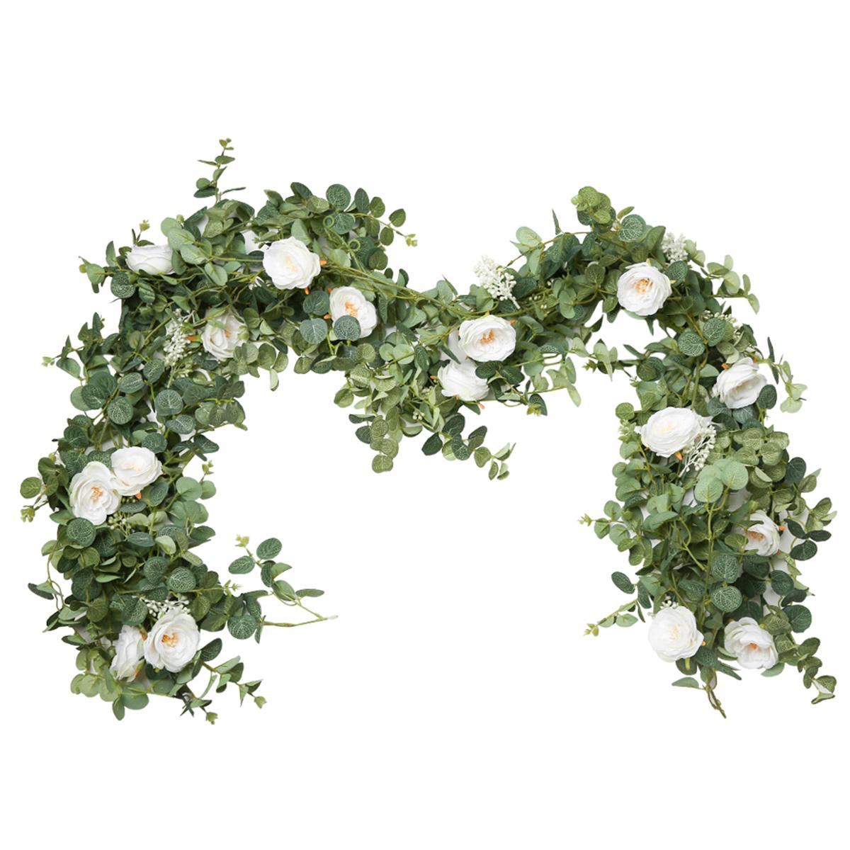 

1,8 м искусственный эвкалипт с гирляндой из камелий, подвесной ротанг для свадебной арки, стола, вечеринки, декора и украшения спальни зелёный