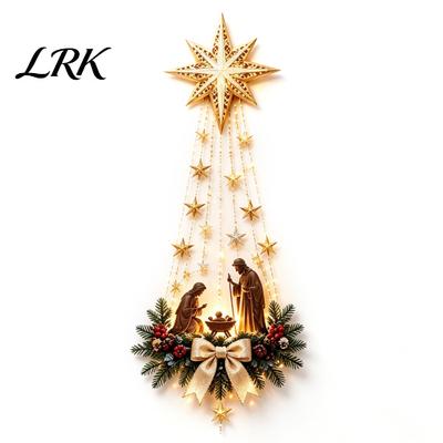 Decorative Pine Branch Wall Art Lighted Nativity Decor, 3D Gold Bethlehem Scene LED Christmas Hanging Light with Decor for Home Warm Glow, Religious