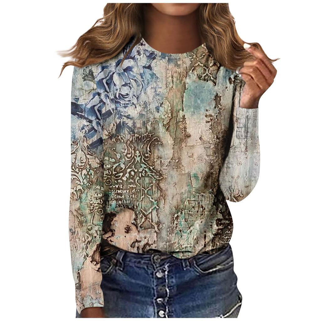 Women's Fashion Casual LongSleeve Print Round Neck Pullover Top Blouse