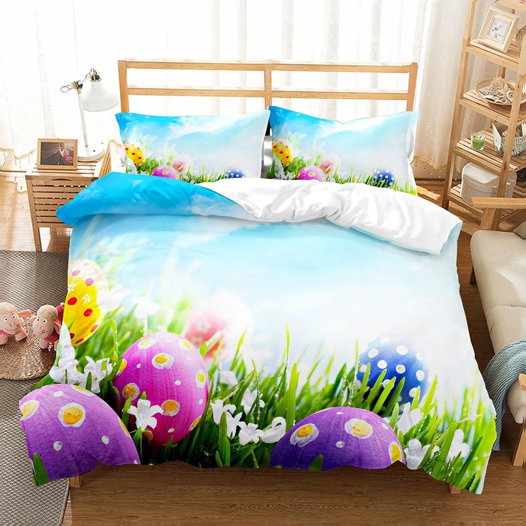 Happy Easter Duvet Eggs Rabbit Pattern Polyester Comforter Cover Festival Gifts for Kids Boys Girls Bedding Set with Pillowcase