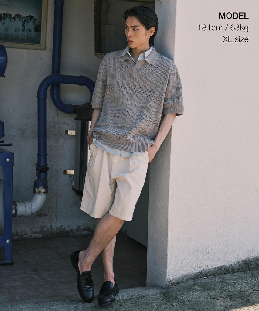 MUSINSA STANDARD Multi-Crochet Slit Neck Knitted Polo Shirt [Light Warm Grey]