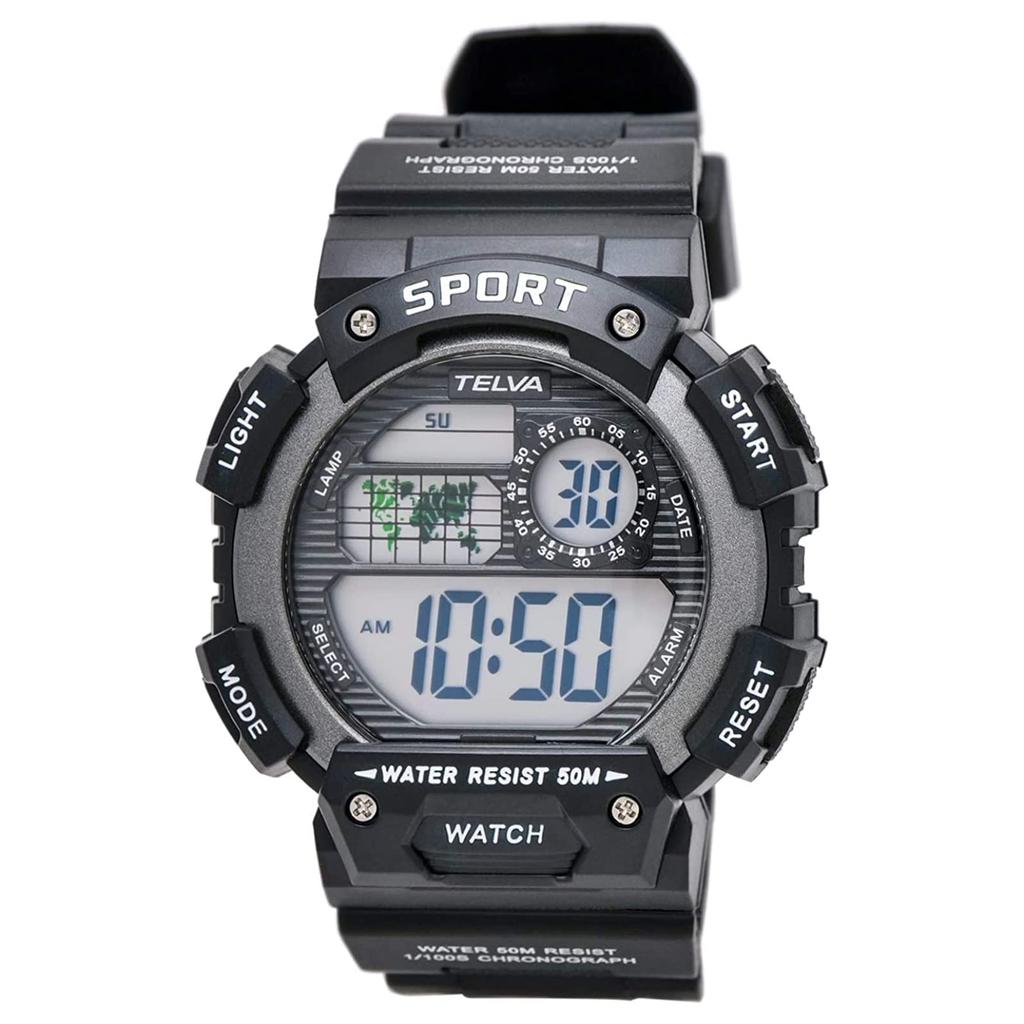 CREPHA Digital Watch TELVA Multifunctional Water Resistant Urethane Sports Watch (Klepha) (5 ATM) Stopwatch, Strap, Black, Men's TE-D282-BK