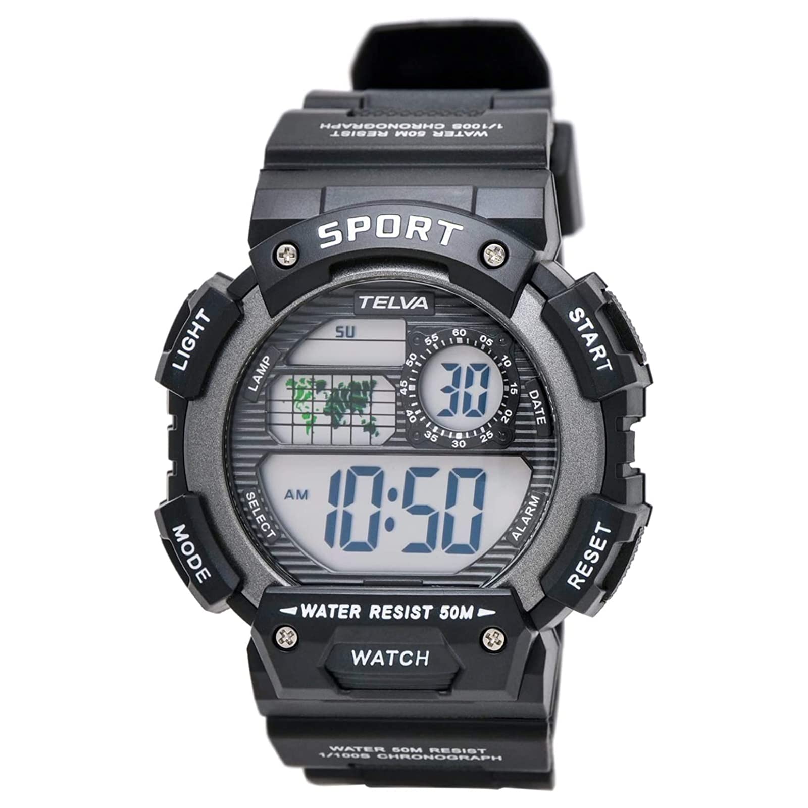 CREPHA Digital Watch TELVA Multifunctional Water Resistant Urethane Sports Watch (Klepha) (5 ATM) Stopwatch, Strap, Black, Men s TE-D282-BK чёрный
