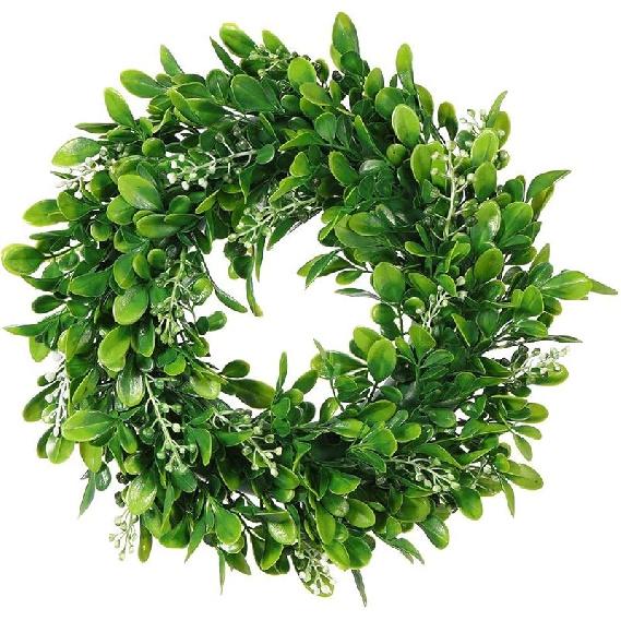 LSKYTOP 2 Pcs Boxwood Wreath with Artificial Wreath Green Leaves Door Wall Window Decoration,11Inch/PC