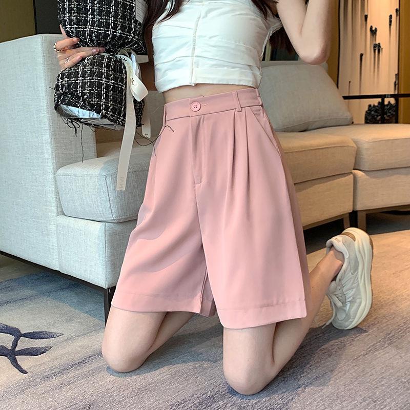 Suit Shorts for Female Students In Summer Thin High Waist Wide-leg Macaron Ice Silk Straight Loose Outer Five-point Mid-pants