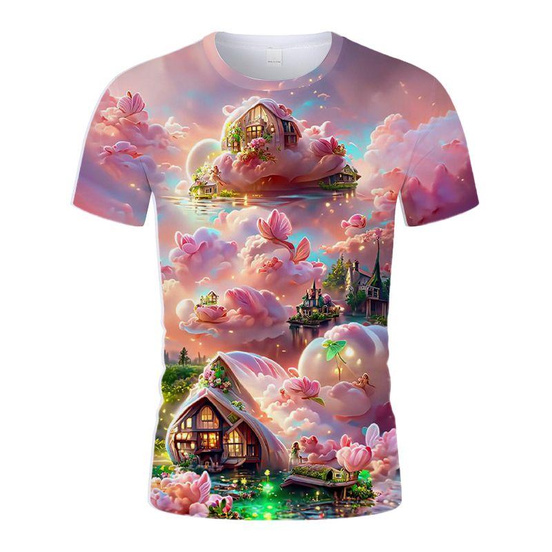 Summer New Rose Castle Colors Beautiful Personality Youth Trend 3D Digital Printing Round Neck Shirt Short Sleeve T-shirt