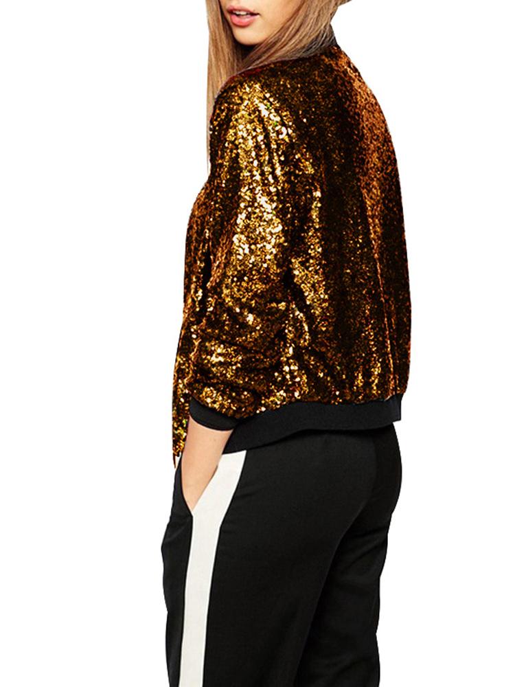 Damski płaszcz z cekinami Bomber Jacket z długim rękawem i zamkiem błyskawicznym Streetwear Casual Luźna brokatowa odzież wierzchnia