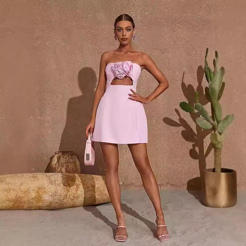 Summer new European and American hot sale sexy mature one-word collar corsage tube top short dress dress