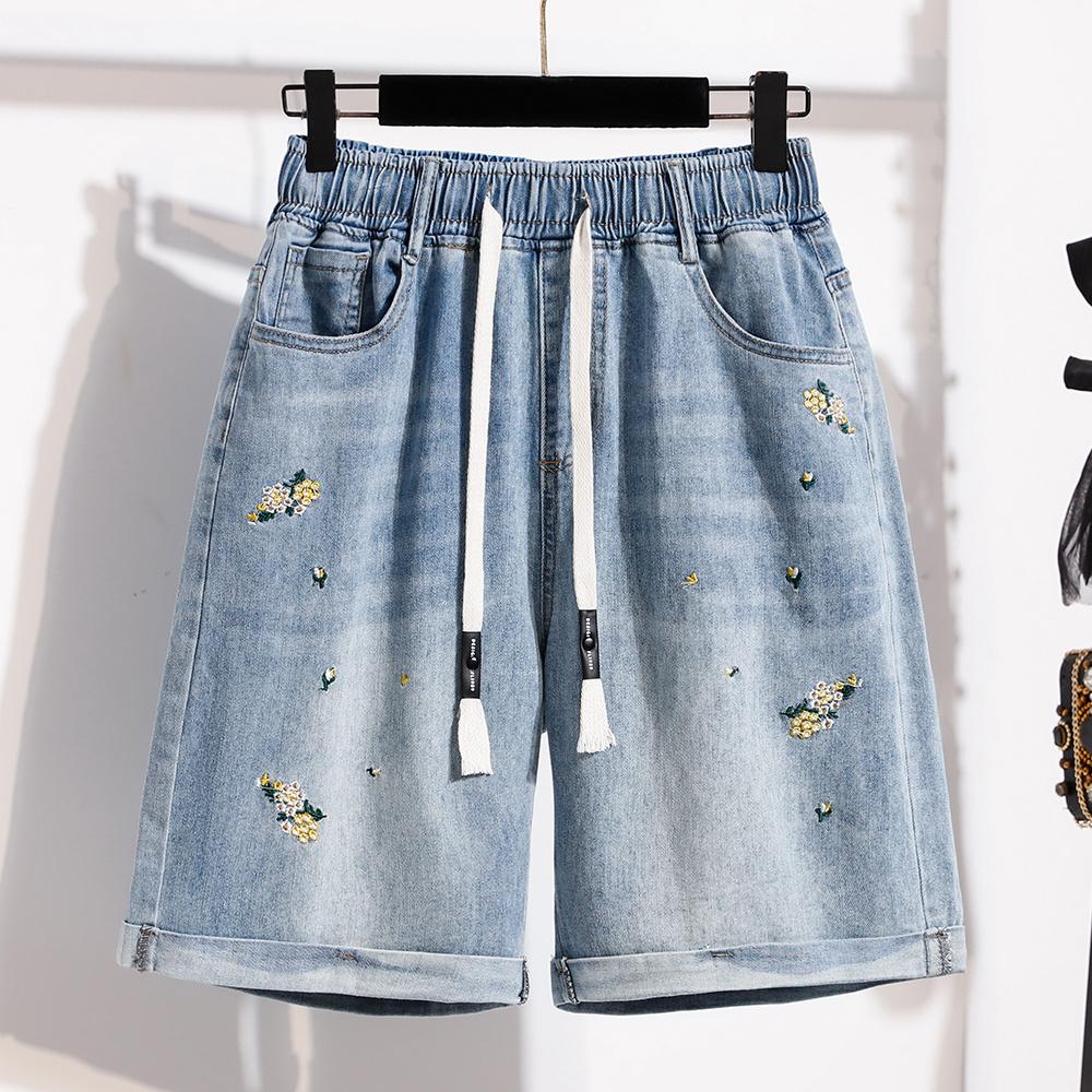 DIMANAF 2026 Summer New Plus Size Women Embroidered Floral Denim Shorts Casual Elastic Waist Short Pants Jeans