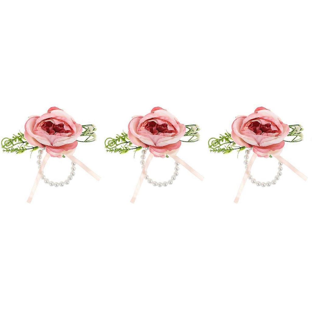 Bridesmaid Corsage Bracelet 3Pcs Pink Wedding Wrist Corsage Artificial