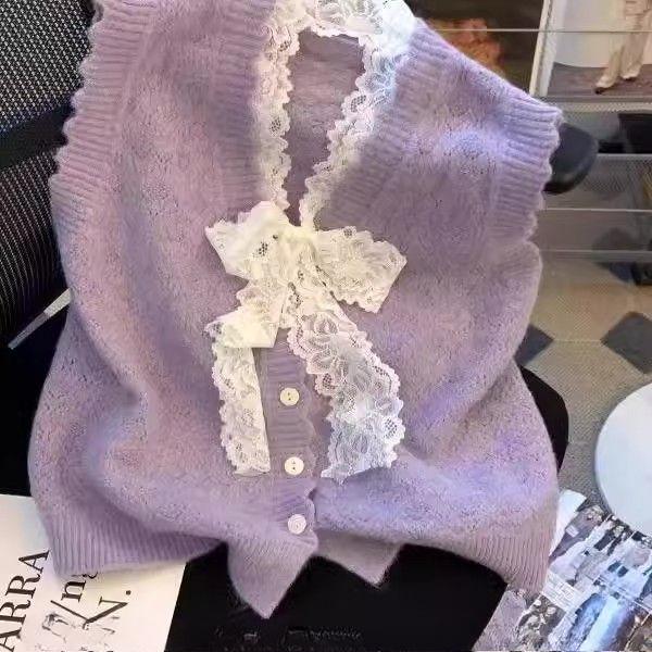 

Модный кружевной бант вязаный жилет ранняя весна премиальный кардиган женский свитер без рукавов M