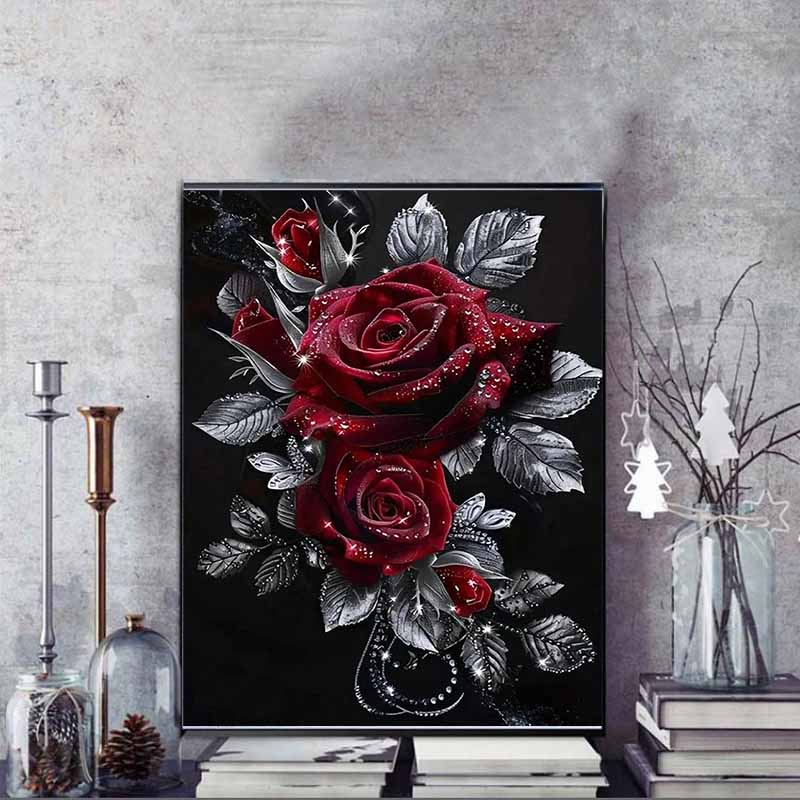 5D Gothic Red Diamond Gem Rose Set, DIY Rhinestone Cross Stitch Craft, Decorative Home Wall Decorations
