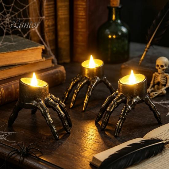 Halloween Themed Accents Skeleton Hand Candle Light, Gothic Creepy Skull Hands Fake LED Seasonal Table Decoration for Centerpiece, Entryway,