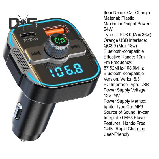 Dual-Port Car Charger with Bluetooth-compatible 54W Fast Charging Transmitter CVC Noise Cancellation Voltage Display Voice Assistant Car Adapter