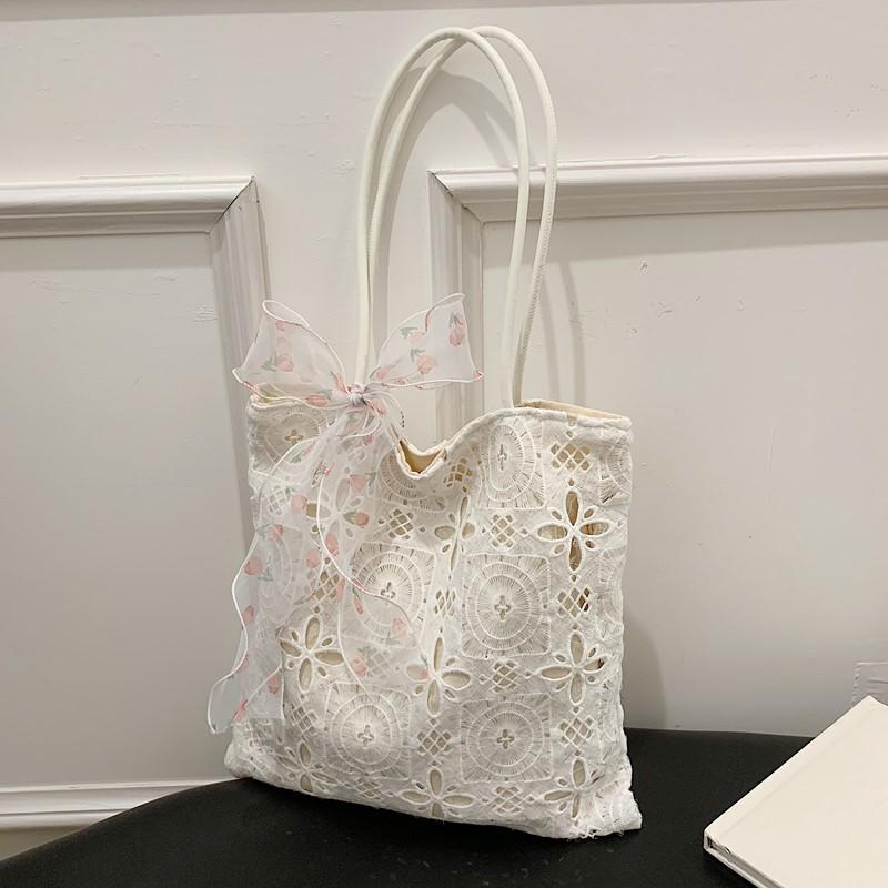 Prémiová krajková kabelka s mašlí velkokapacitní dutá dámská taška dojíždění podpažní taška tote taška přes rameno