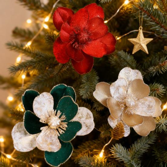 Fiori di Stella di Natale Artificiali Ornamenti per Albero di Natale Steli di Magnolia in Velluto Glitterato Pick Floreali per Natale Festa di Capodanno Matrimonio Artigianato Fai da Te