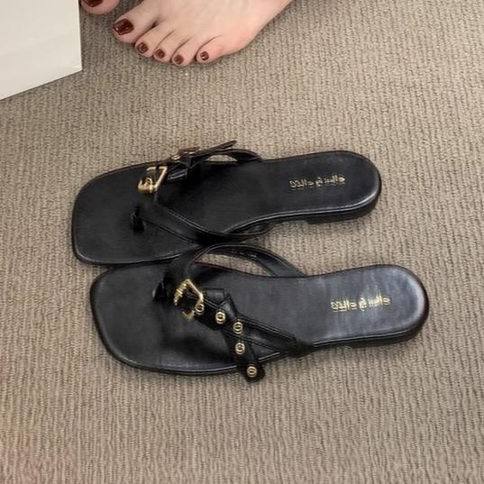 Women's Slippers Buckle Flip Flops Square Toe Sandals Flats Casual Shoes Woman Loafers 2025 Trend Summer Shallow Comfort Slides