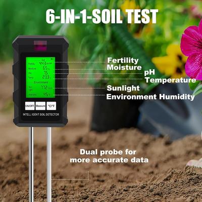 6 in 1 Digitaler Bodentester Multifunktionaler Boden-pH-Detektor Feuchtigkeit Fruchtbarkeit pH Temperatur Feuchtigkeit Lichtmesser für Garten