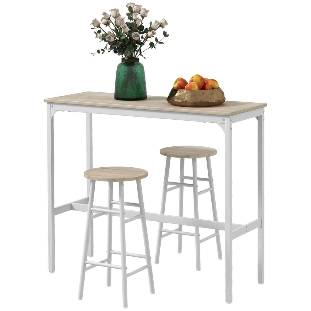 Juego de Mesa de Barra de 3 Piezas con 2 Taburetes, Mesa y Taburete de Barra Industriales, Mesa y Sillas de Comedor, Roble