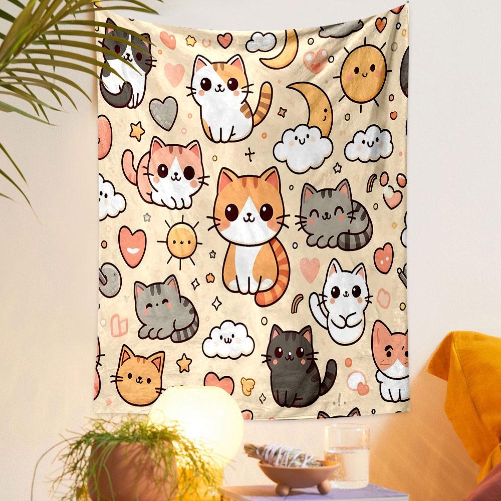 Cute Cartoon Cats with Clouds and Stars Patterned Tapestry Decorative Wall Hanging, Home Bedroom Living Room Decor