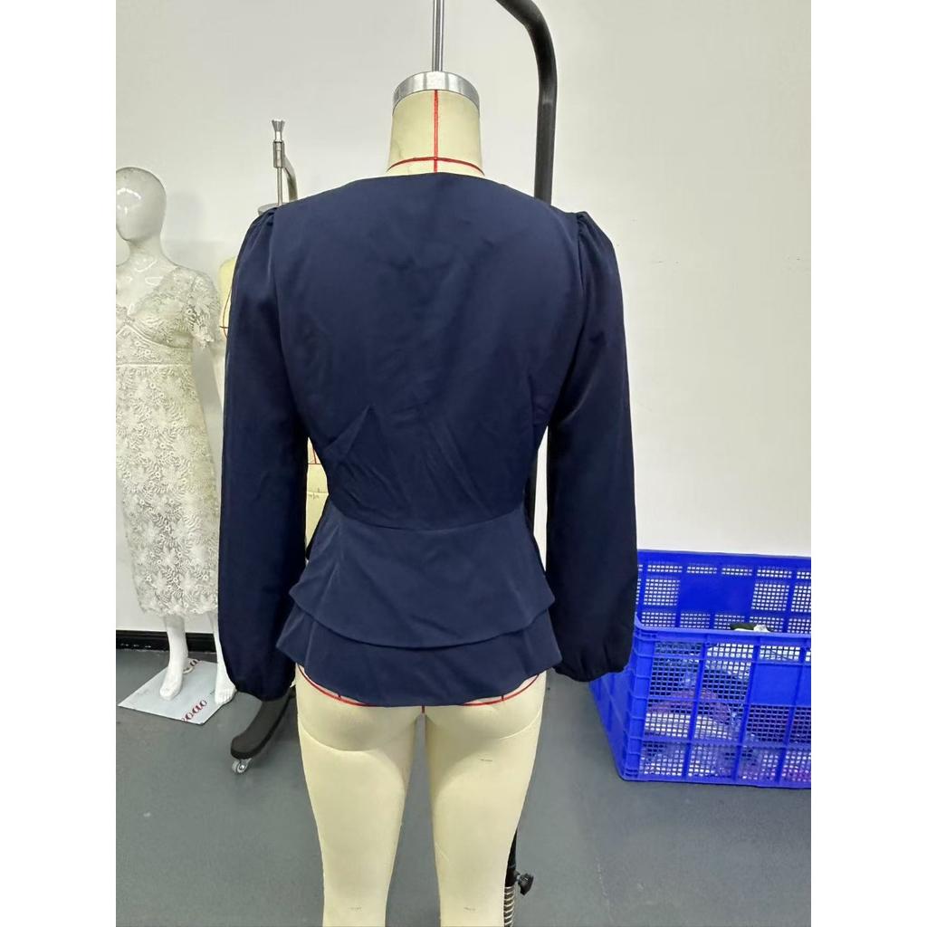 Damen einfarbiges doppelreihiges langärmliges Oberteil mit elegantem V-Ausschnitt und plissiertem Design, geeignet für Dates und Arbeit, kombiniert