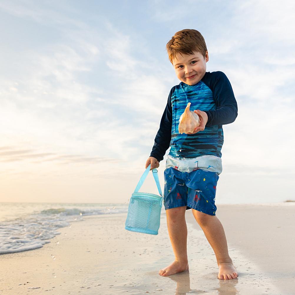 Bolsa de Malha para Crianças com Conchas Tote Cilindro Sacos para Coletar Conchas Bolsa de Brinquedos de Praia com Zíperes Alças de Transporte Ajustáveis