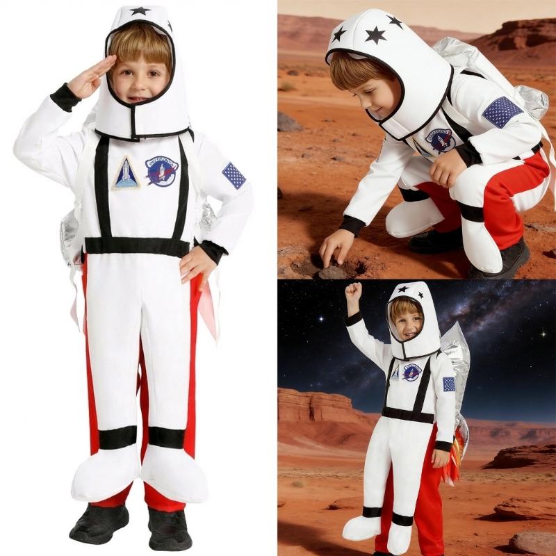 Astronaut Costume With 3D Rockets Backpack For Kids Role Play Science Theme Party And Stage Performances Soft Polyester Fabric