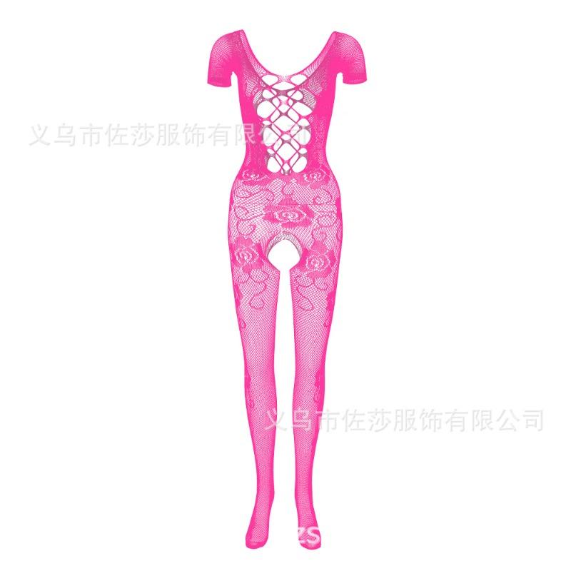Sex clothes Mesh onesie Rose jacquard nylon open-file short-sleeved backless tights
